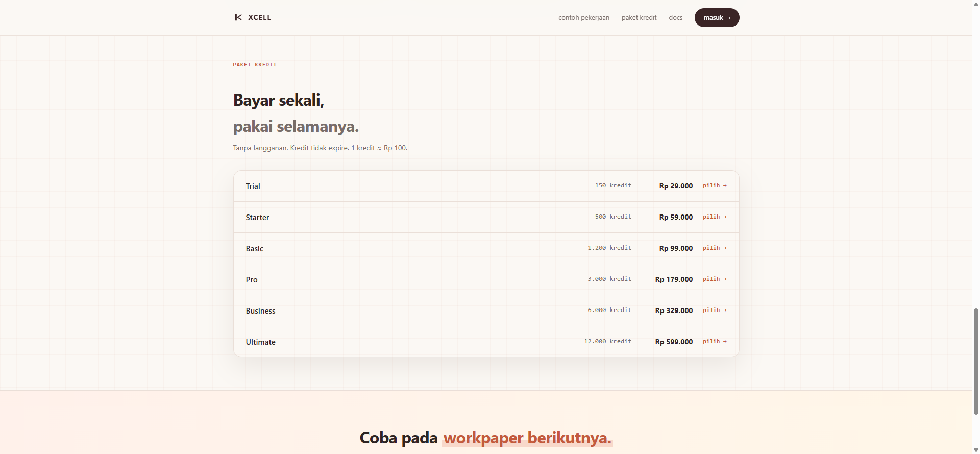 Halaman harga Xcell dengan daftar paket kredit